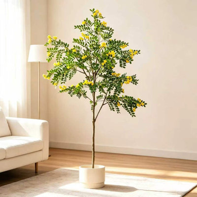 Plante sur pied en forme de pagode jaune de luxe artificielle de 76,77 po de hauteur avec branches en fil de fer pliable et base de jardinière en plastique
