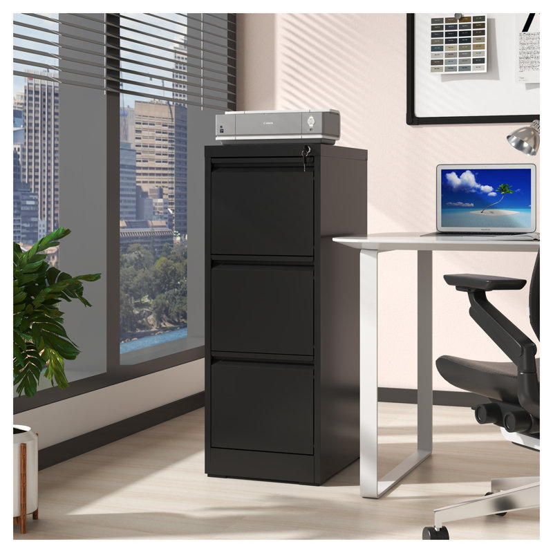 3-Drawer Metal Vertical File Cabinet with Lock, Black Powder-Coated Steel Office Storage