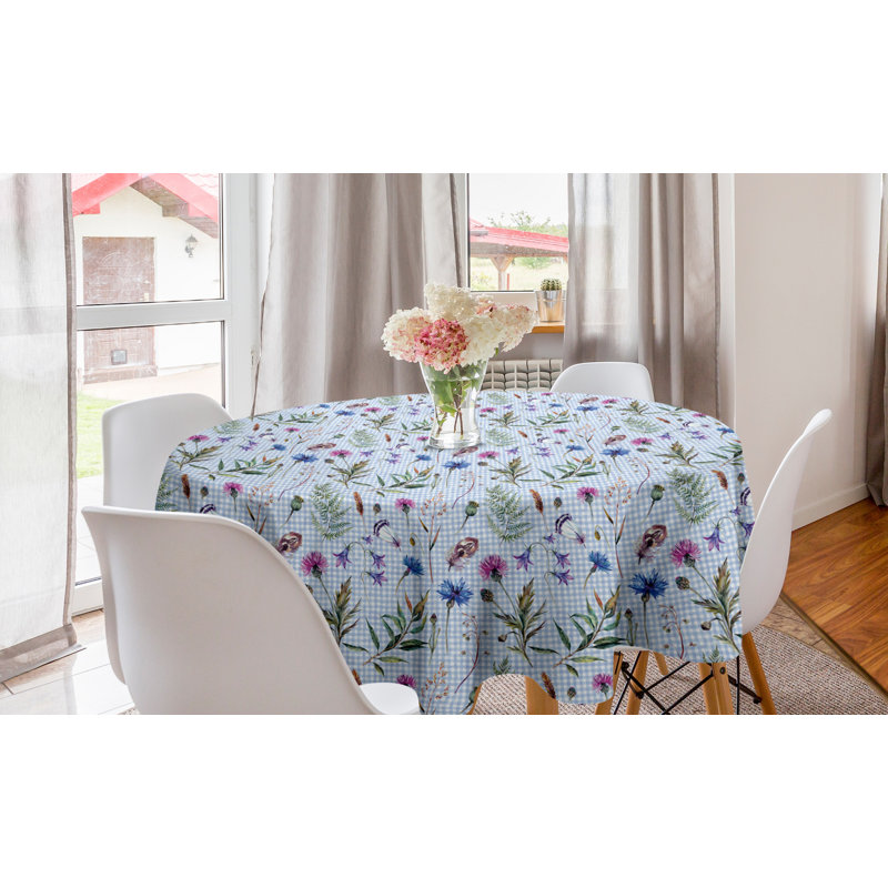 Ambesonne Thistle Round Tablecloth, Spring Themed Various Species Of Floral Motifs On Checkered Pattern Background, Circle Table Cloth Cover For Dining Room Kitchen Decoration, 60", Blue Green