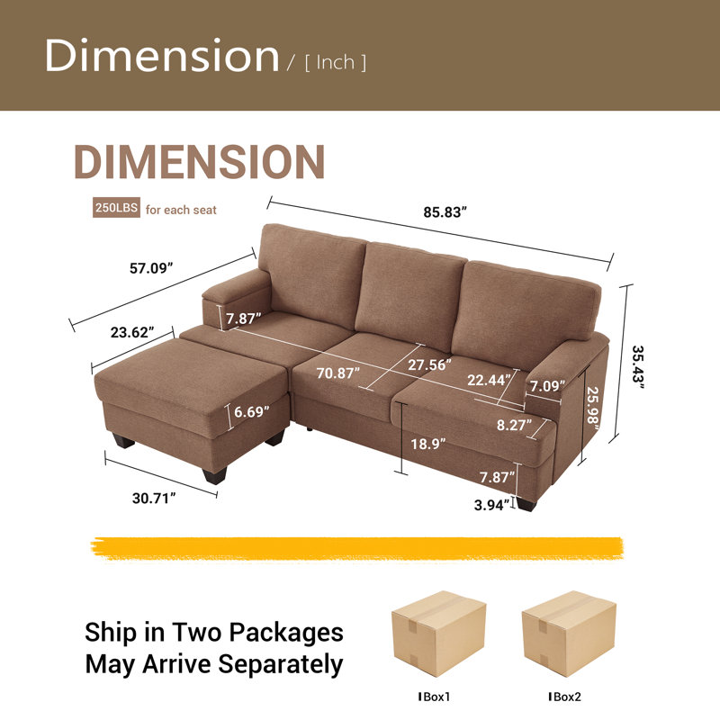 Canapé en L de 86 po avec organiseur d'accoudoirs, canapés à 3 places avec repose-pieds mobile, canapé modulaire confortable avec coussin épais, canapés modulaires en lin pour le salon