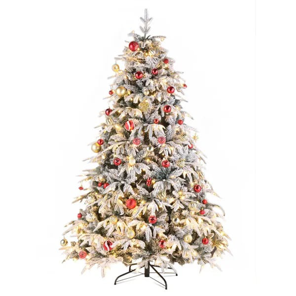Arbre de Noël 7 pieds à structure simple en PVC à une face avec flocage vert 1687 branches et 450 lumières