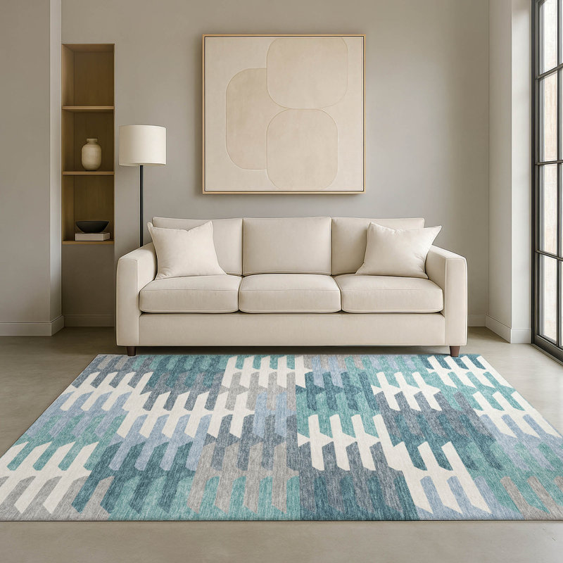 Premium Machine Washable Mayfield AMF2328 Geometric Rug, Teal, 8' x 10'