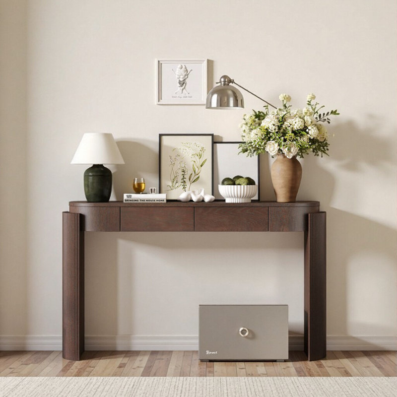 Console d'entrée 55 "cannelée avec grain de bois naturel, plateau ovale et 2 tiroirs - Espresso, Espresso