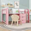Lit mezzanine double en bois avec bureau, tablettes, tableau blanc et armoires-203185808