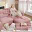 Canapé d'angle modulaire 3 places en forme de L de 250 cm de large avec pouf, revêtement moderne et traditionnel, coussin d'assise à bord froncé-711485517-711485519