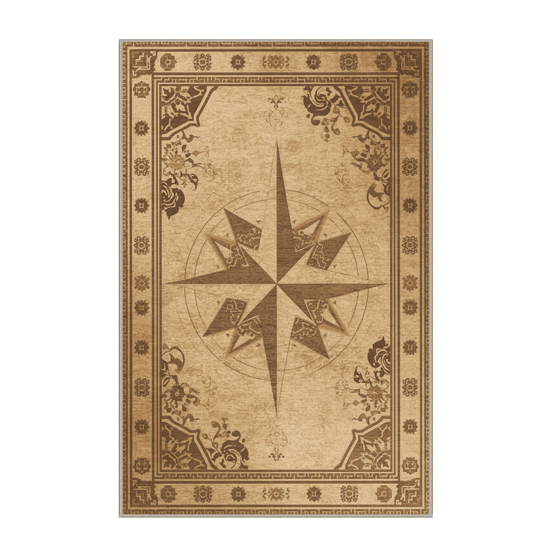 Machine Washable Parnika Compass Rose Knowledge Classic Oriental Rug in Beige – Beige Binding, 7x10