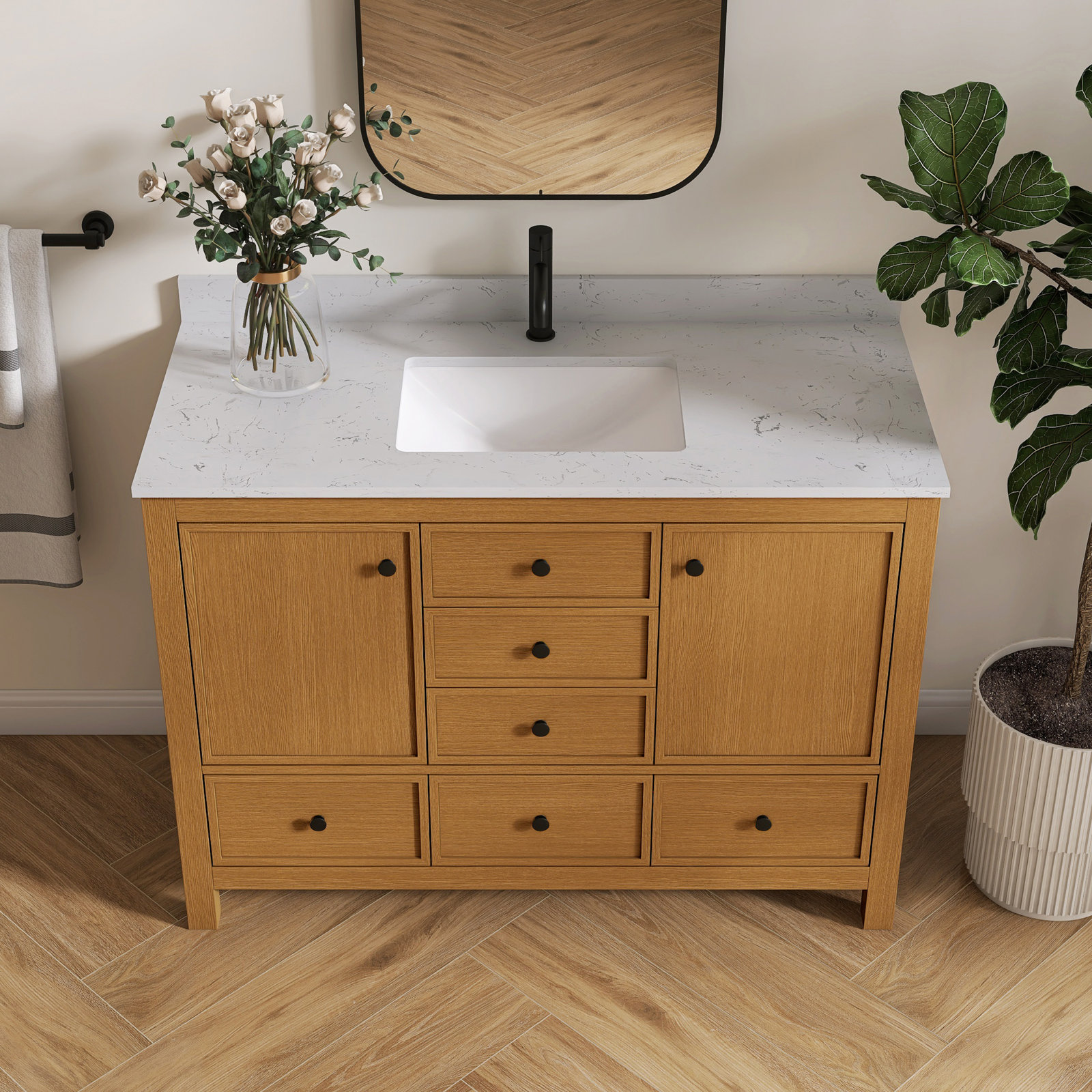 Aura 48'' Single Bathroom Vanity With Engineered Marble Countertop And Undermounted Sink, Black