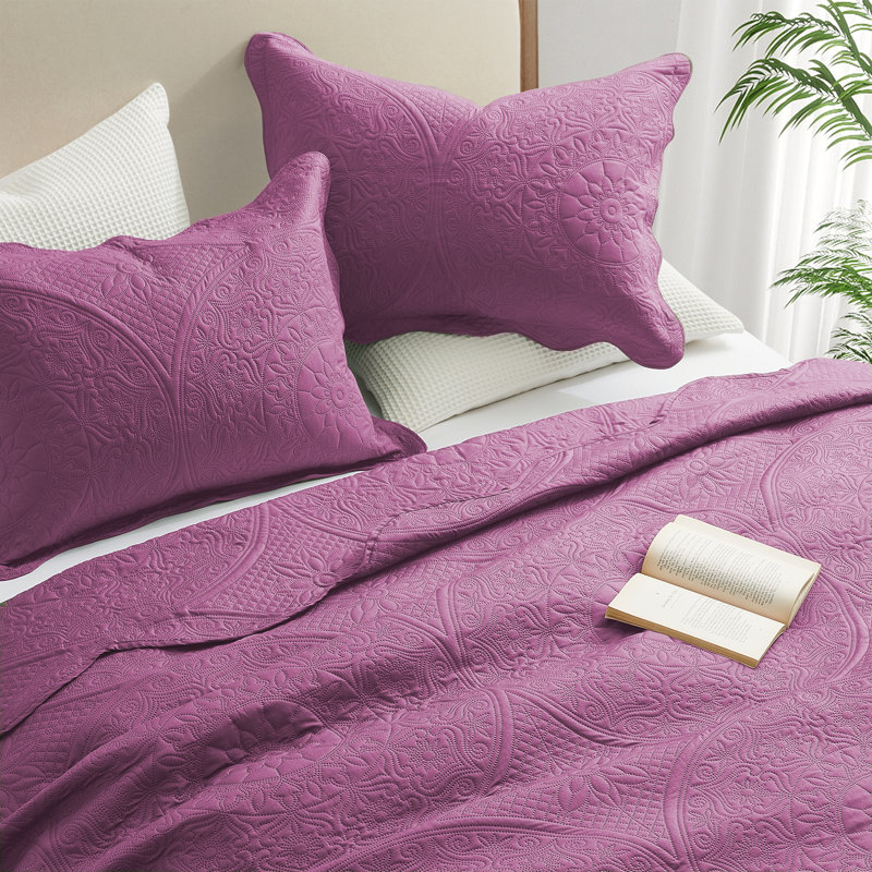 Floral Embossed Quilt Set, Purple, California King Bedspread + 2 Standard Shams