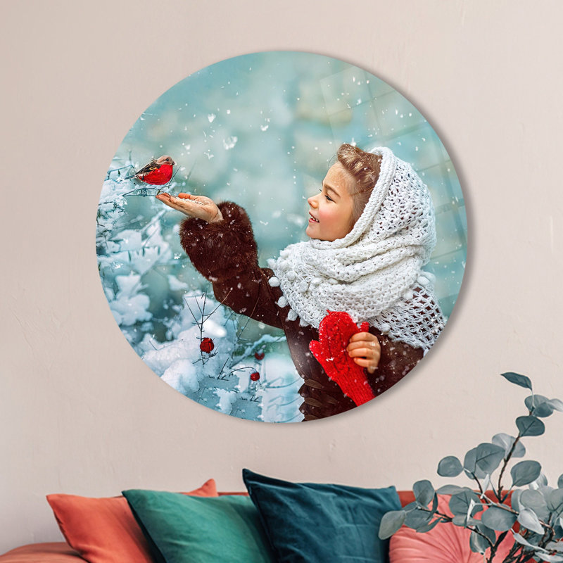 Décoration murale en verre de paysage d'hiver fabriquée à la main avec une fille adorable pour la décoration intérieure moderne