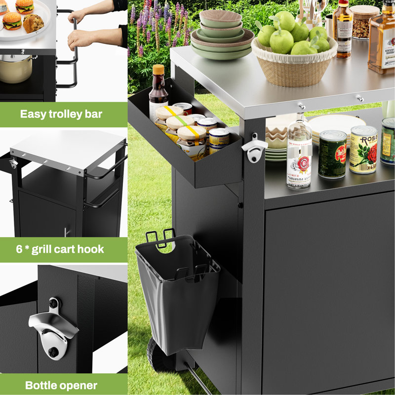 Chariot de cuisine portatif pour les grillades en plein air - Pratique et fonctionnel, la table de préparation du barbecue noir avec poubelle amovible garde la zone propre,