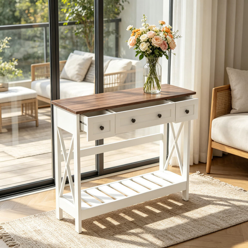 Console de 39,4 pouces avec 3 tiroirs, table d'entrée rustique pour le salon, couloir, canapé derrière, blanc et brun