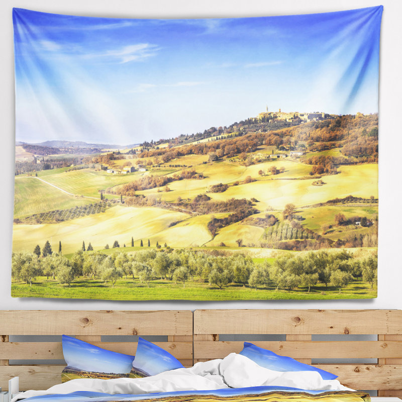 Paysage, tapisserie, village médiéval de Pienza, Italie, H 68 po x l 80 po
