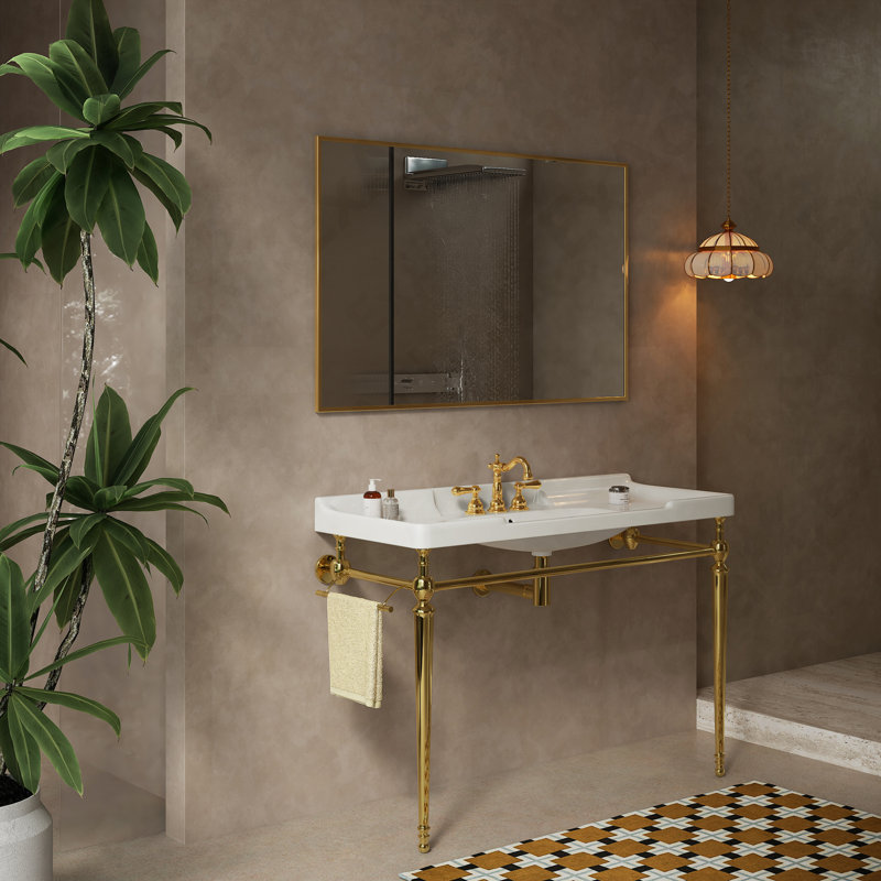 48" Bathroom Console Sink, Wall-Mounted White Ceramic Vanity Basin With 3 Pre-Drilled Faucet Holes, Freestanding Stainless Steel Support Legs With Towel Bar, No Faucet & Sink Cover, Gold Color