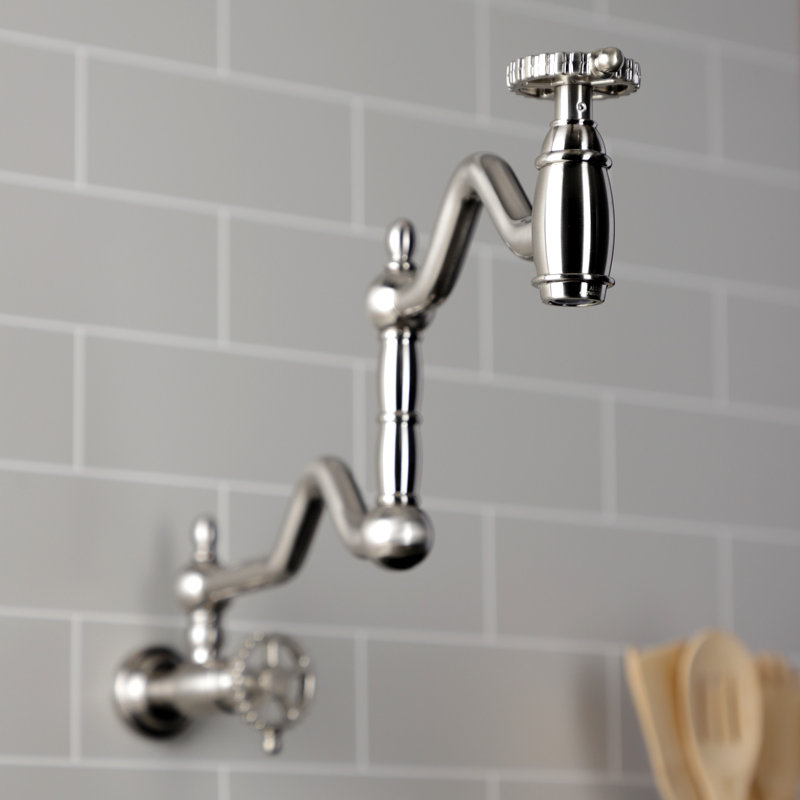Kingston Brass Fuller Two-Handle 1-Hole Wall Mount Pot Filler Faucet, Brushed Nickel