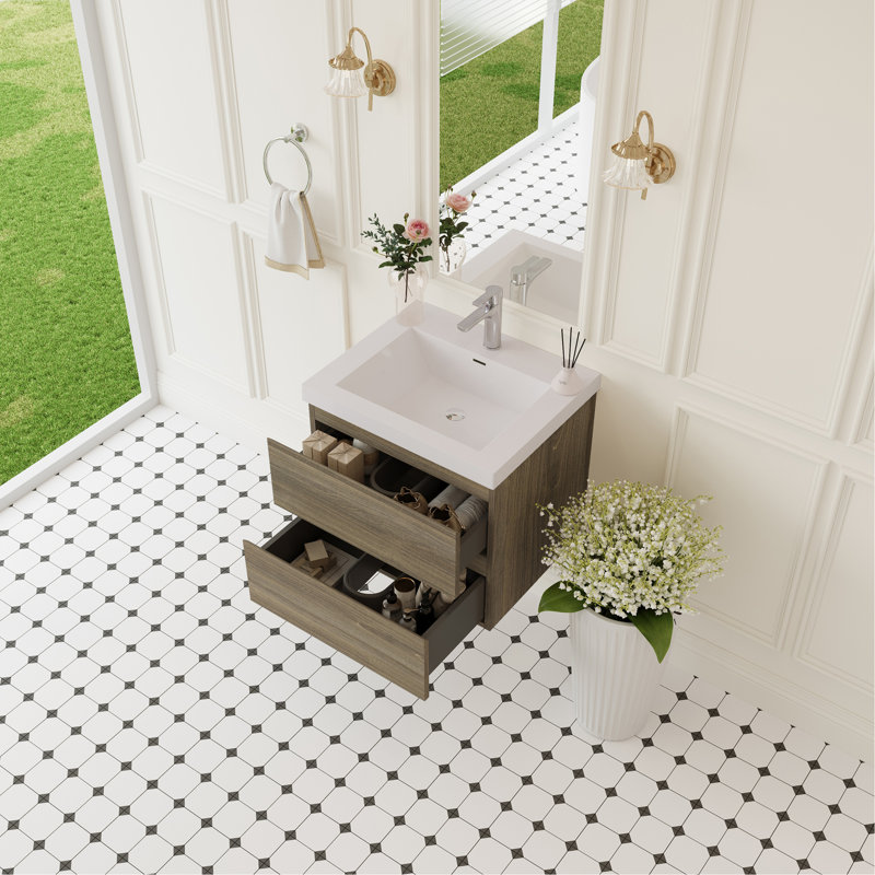 Meuble-lavabo flottant avec lavabo, meuble de rangement mural avec lavabo à surface solide et tiroirs à fermeture en douceur entièrement assemblés