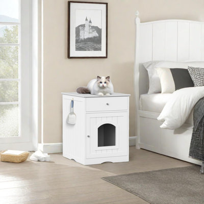 Enceinte de litière pour chat Tenafly avec tiroir, table d'appoint, cage intérieure pour animal de compagnie, table de chevet Cat Home, appartement, petite pièce