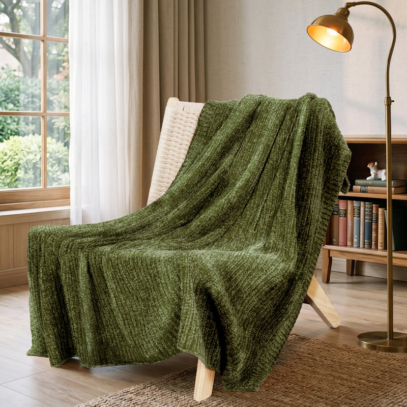 Soft Plush Lightweight Reversible Chenille Throw Blanket, Olive Green