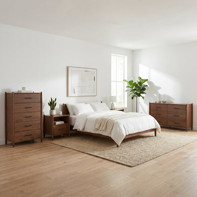 Josiah 4-Piece Solid Wood Bedroom Set with 6-Drawer Dresser, 5-Drawer Chest and 2 Nightstands with Open Shelf