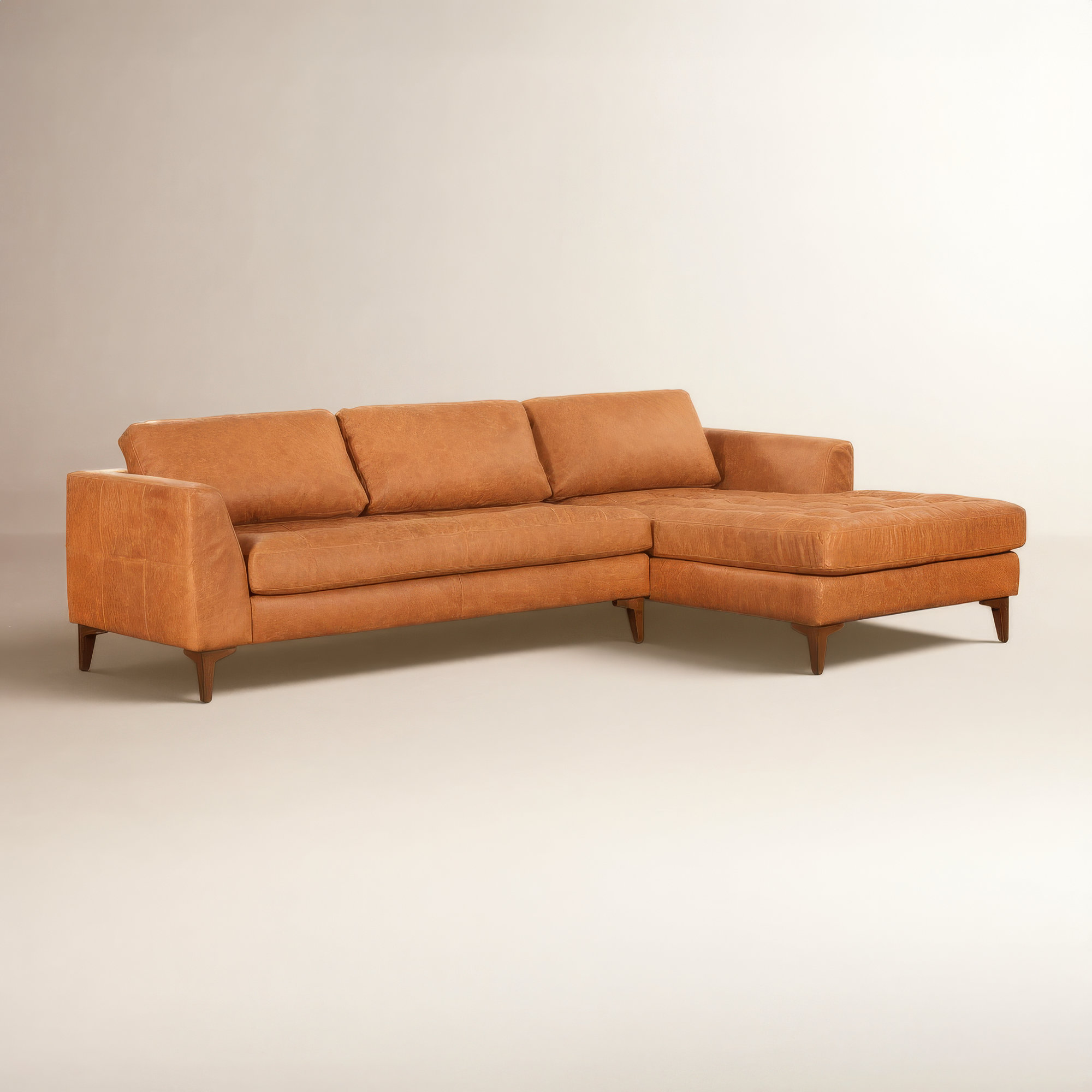  Full-Grain Genuine Italian Leather Sectional Sofa, Cognac Tan Genuine Leather, Walnut, Right Hand Facing