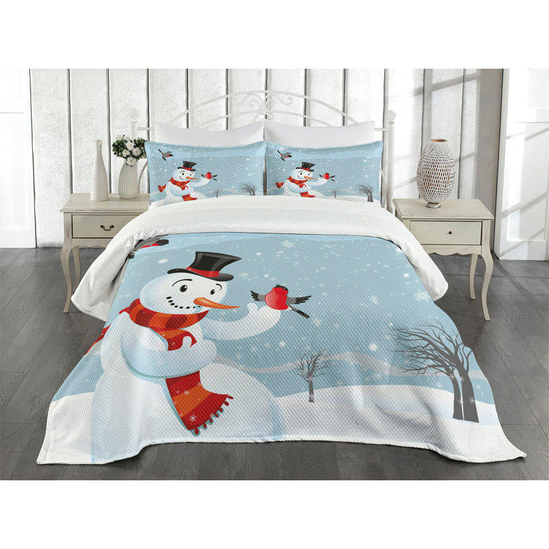 Ambensonne Snowman Bedspread New Year's Multicolor, King Coverlet/Bedspread + 2 Pillow Shams