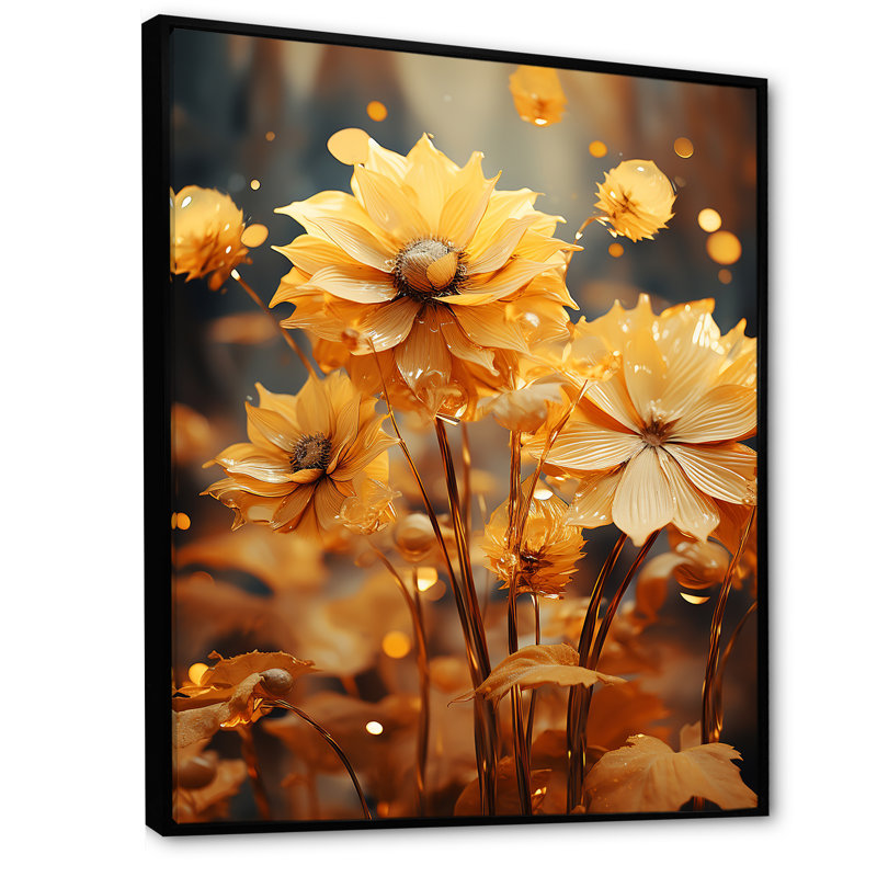 Tournesols dorés transparents sur toile, Cadre flottant noir, 32" H x 16" W