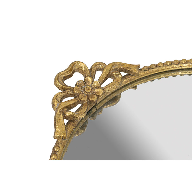 Plateau rond en fer 18 x 2 x 15 po avec cadre doré orné et surface en miroir