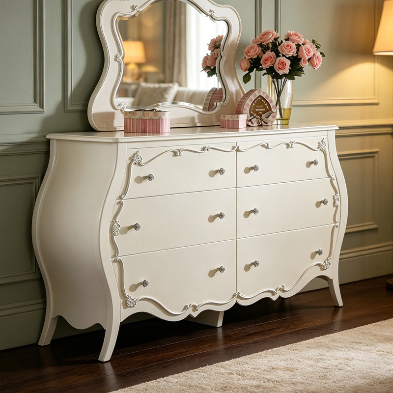 Commode à 6 tiroirs en pin massif blanc perle