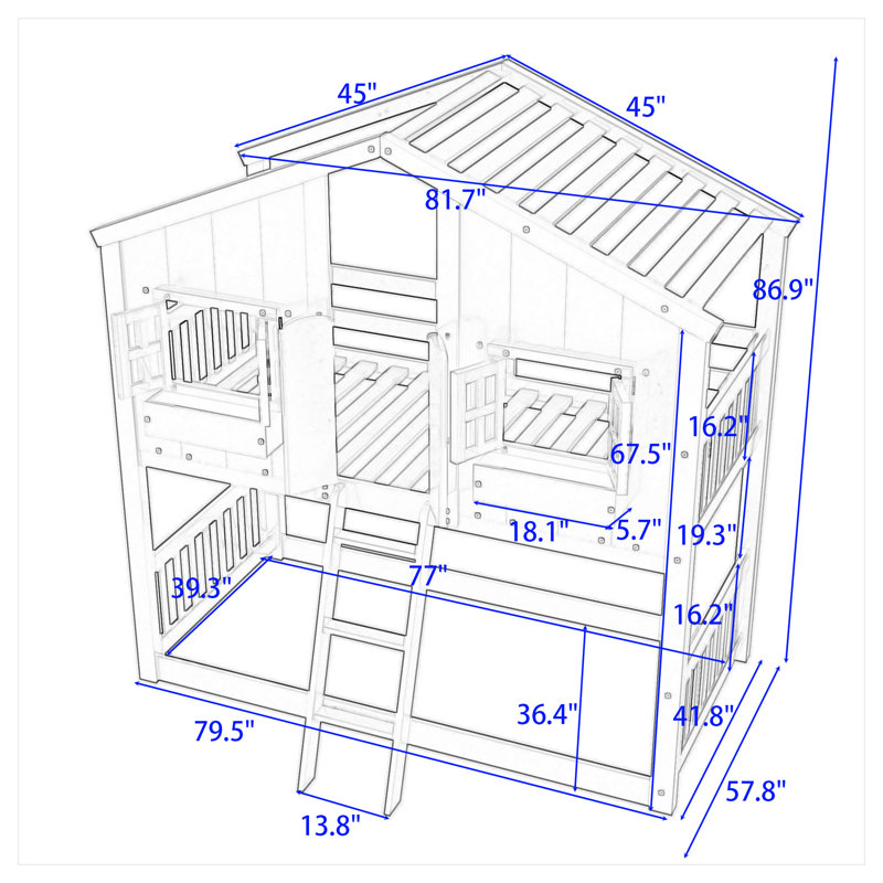Jemison Twin over Twin Wood House Bunk Bed with Roof,Ladder and Window, White