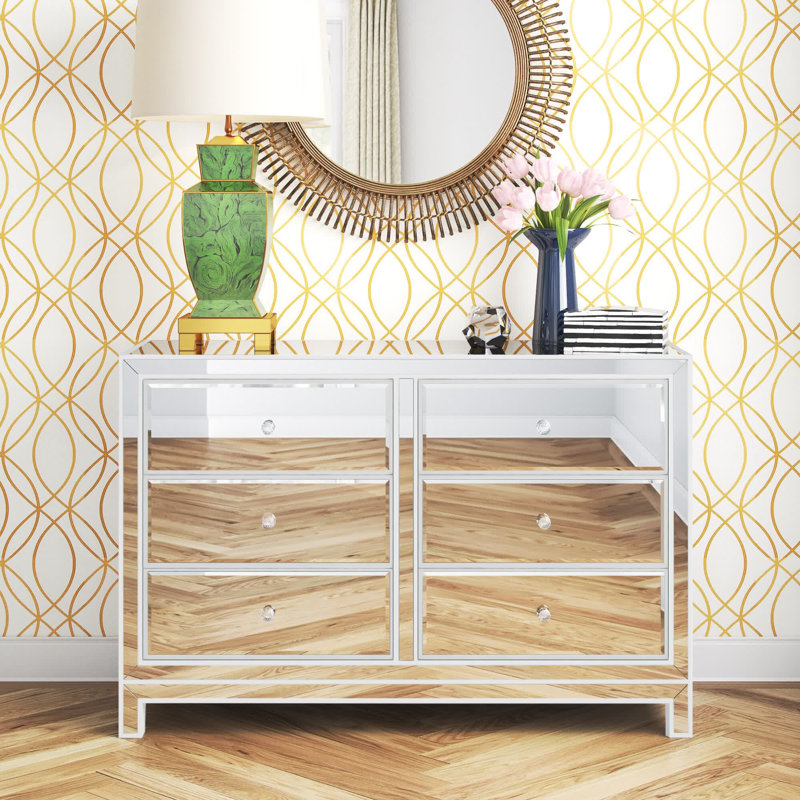 Commode 6 tiroirs à miroir en bois massif et manufacturé Jeni, Blanc