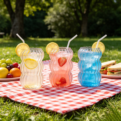 Paquet de 3 tasses à café glacées nervurées mignonnes de 16 oz, gobelets en verre de style rétro pour la boisson Smoothie