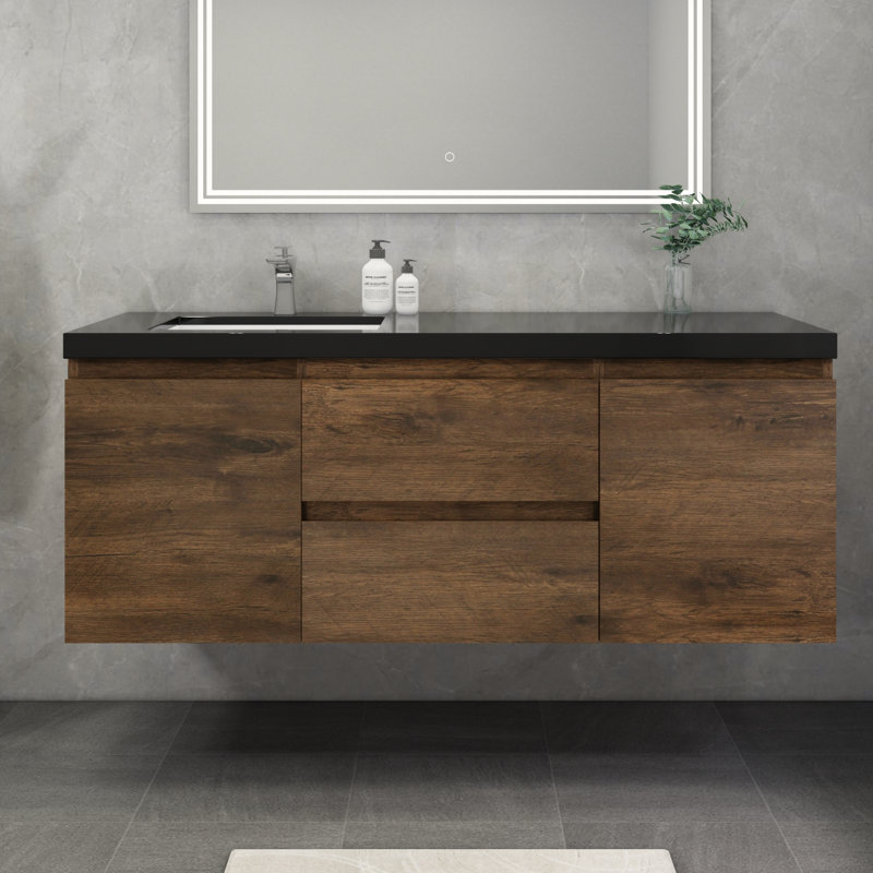Castin 60" Wall-Mounted Single Left Sink Bathroom Vanity Set, Rose Wood