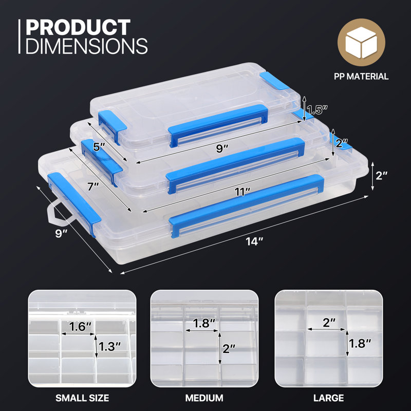 3Pcs 24 Grids Plastic Compartment Box With Adjustable Divider, Stackable Organizer Storage Container