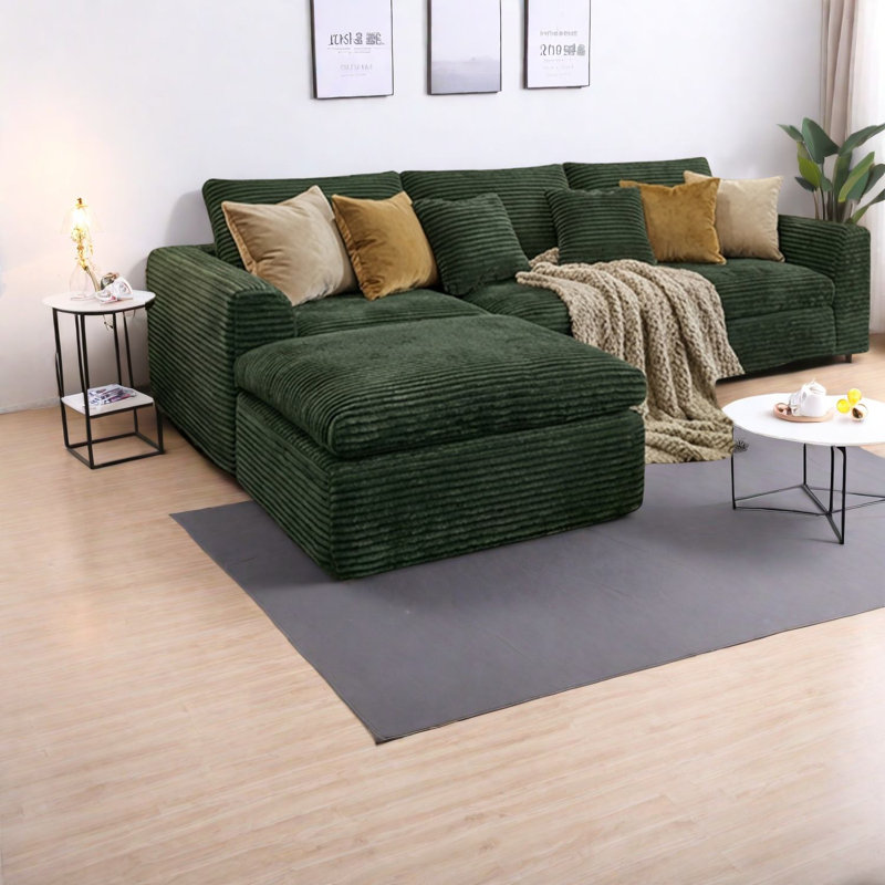 Canapés spacieux en velours côtelé vert, confort moderne et facilité d'utilisation