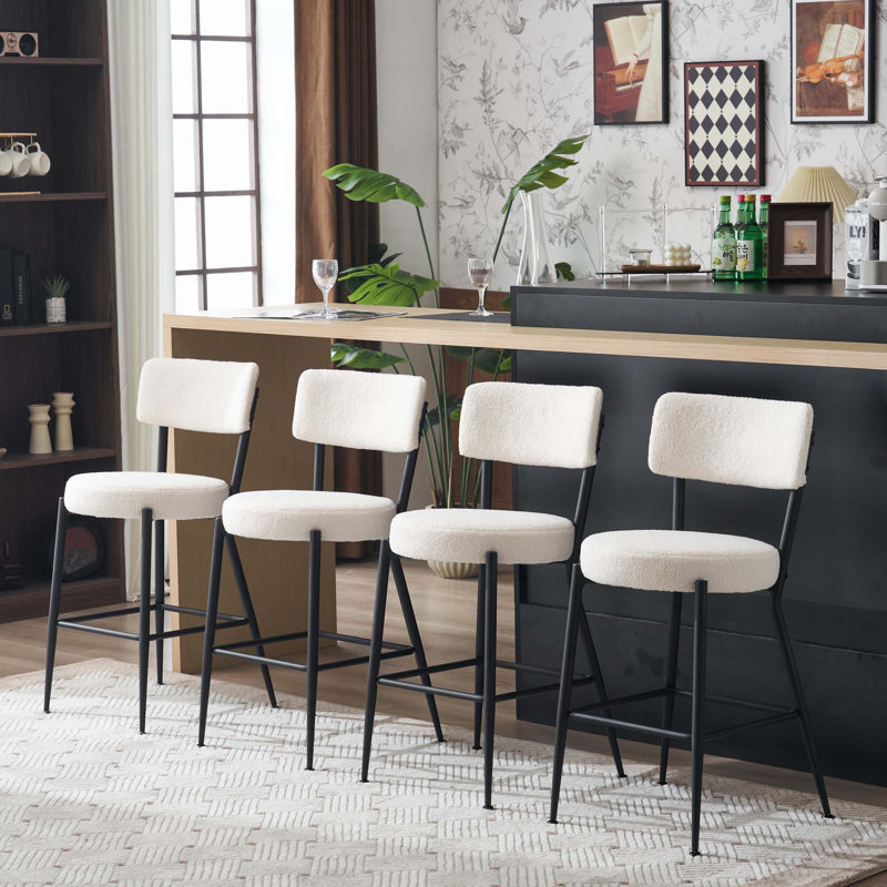 Set of 4 Modern Teddy Fabric Upholstered Bar Stools - Metal Base High Stool - Suitable for Kitchen, Dining and Living Room,Stylish and Comfortable Island Seating