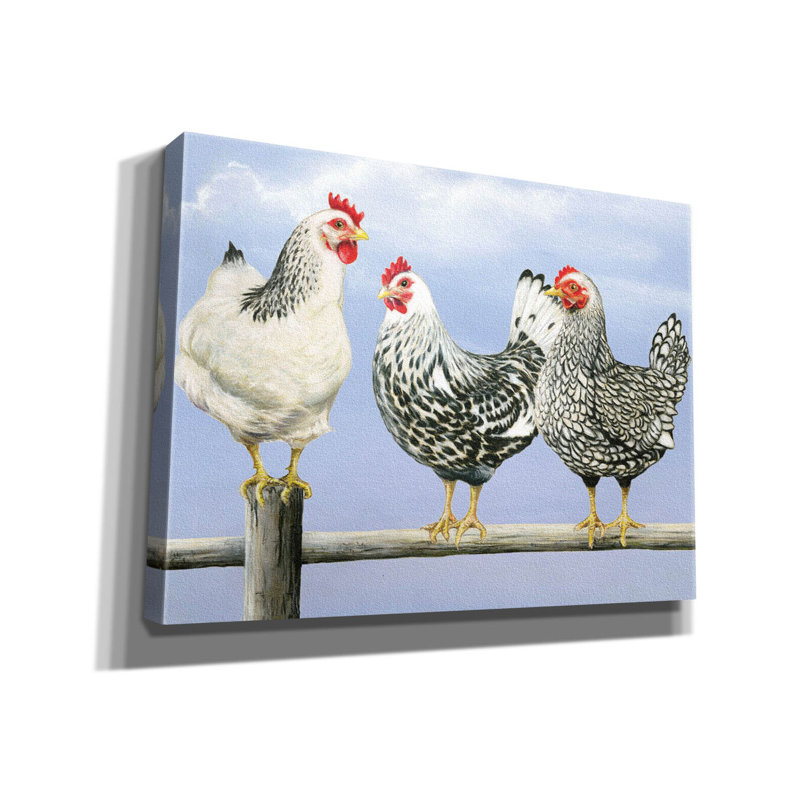Trois poules noires et blanches sur toile par Janet Pidoux, H 40 po x l 54 po x P 1,5 po