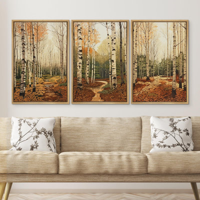 Autumn " Birch Tree Forest Nature Autumn Landscape Vintage Rustic Scenic Colourful Decor " 3 - Pieces