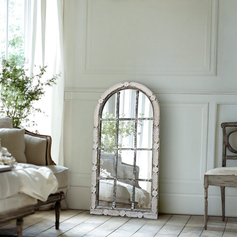 Miroir mural arqué rétro en bois sculpté, Bois blanc