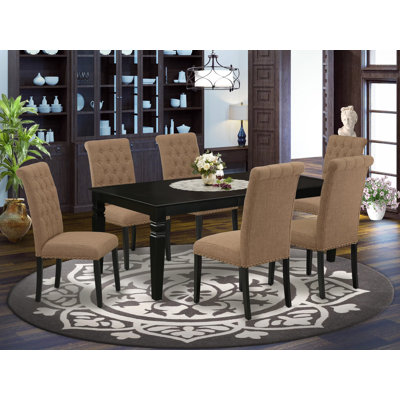 7 Piece Dining Room Table Set Consist of a Rectangle Kitchen Table with Butterfly Leaf and 6 Light Sable Linen Fabric Parsons Chairs, 42x84 Inch, Black