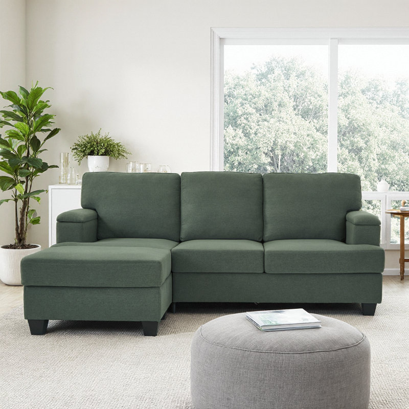Canapé en L 86 po avec accoudoirs de rangement, repose-pieds et design réversible vert foncé 86 po, Lin vert foncé