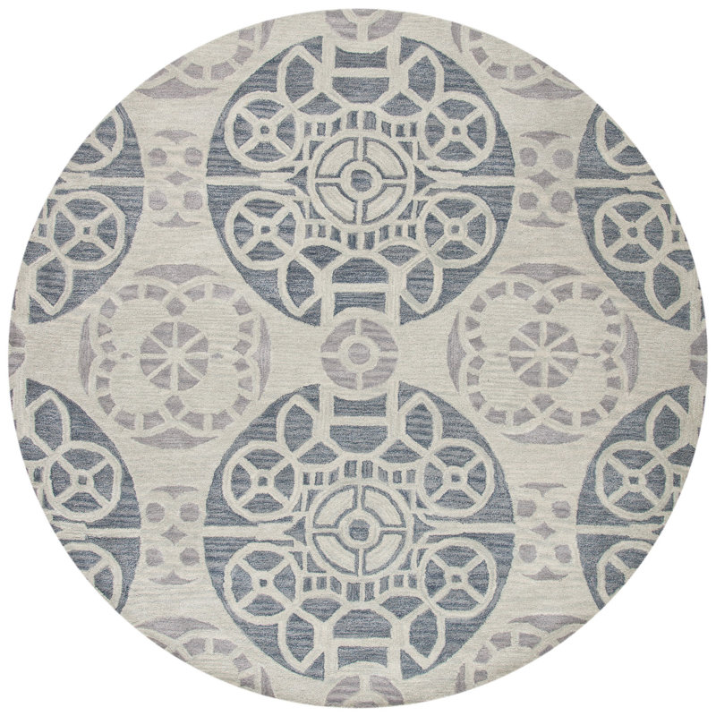 Kouerga Hand Tufted Wool/Viscose Geometric Rug in Silver/Gray, Round 7'