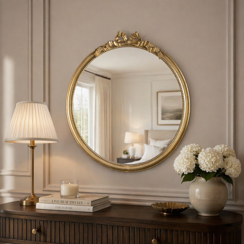 Baroque Round Wall Mirror, Ornate Scrollwork Framed Accent Mirror with Resin & MDF Construction, Crystal Clear Glass Decorative Wall Mirror for Entryway Bedroom Living Room