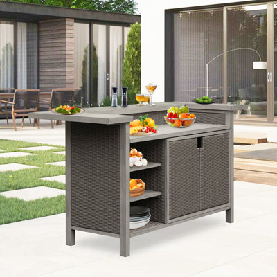 Outdoor Aluminum Grill Cart PE Wicker Bar Cart and Cabinet with Storage