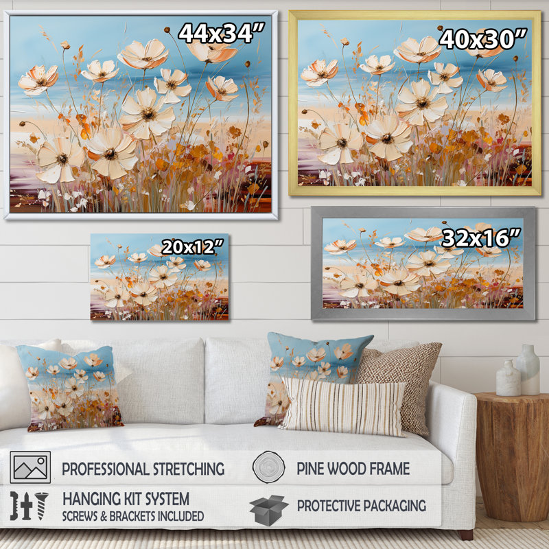 «Beige Wildflowers», impression sur toile, H 30 po x l 40 po x P 1,5 po, Cadre simple argenté