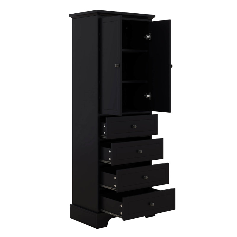 Armoire de rangement autoportante avec 2 portes / tablette réglable / 4 tiroirs, armoire de plancher de salle de bain, panneau de fibres à densité moyenne avec finition peinte