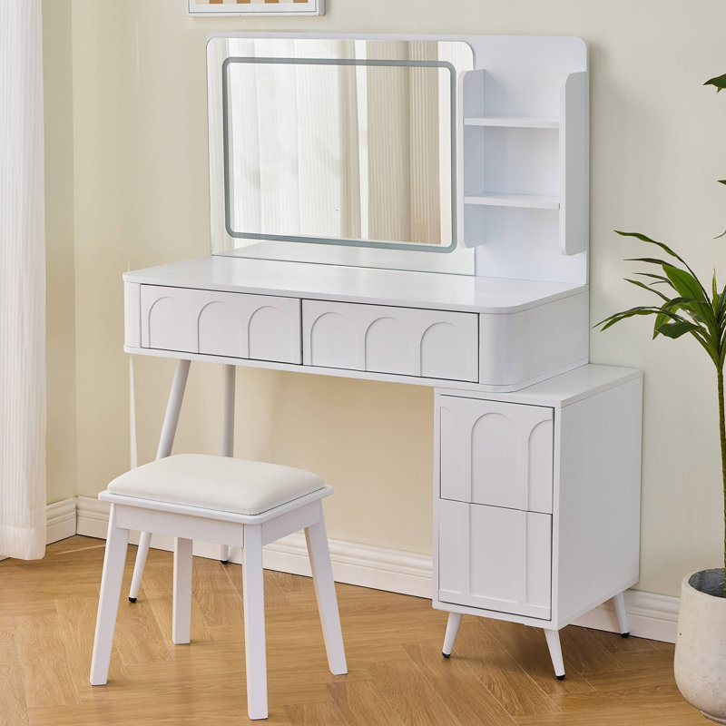 Meuble-lavabo moderne avec lumières DEL et miroir, ensemble de coiffeuse 4 tiroirs avec tabouret, luminosité à intensité variable de 3 couleurs, peu encombrant pour la chambre à coucher