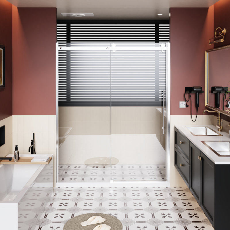 60 In W Single Sliding Shower Door 72 H With Handle, 1/4 Inch Thick Clear Tempered Glass, Zinc Roller Rail - Adjustable Fit, Structure X Stainless Steel Guide Reversible Design, Corrosion