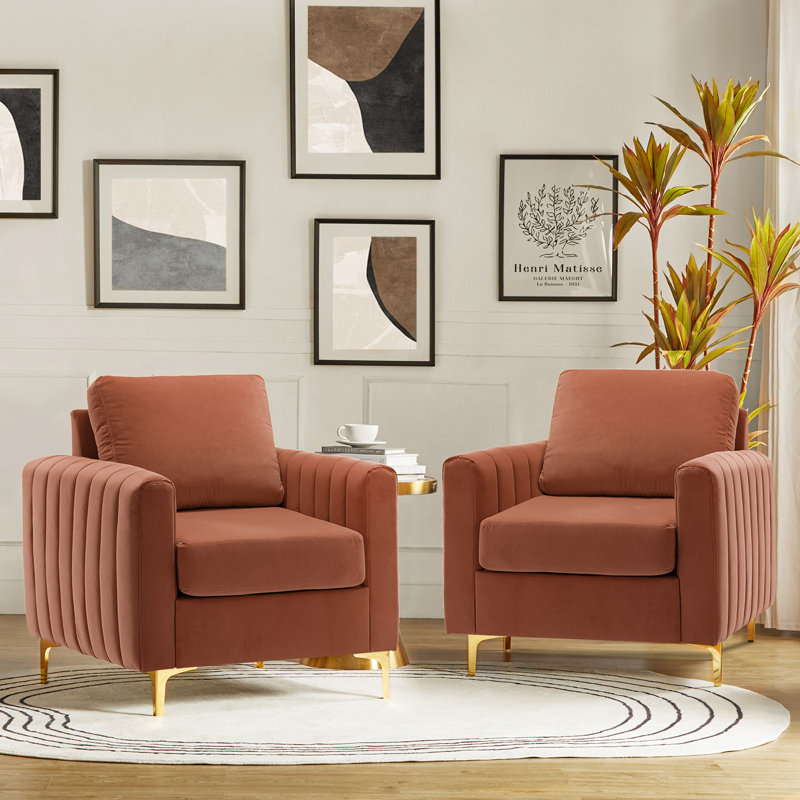 Fauteuil club en velours capitonné Gillette, Corail