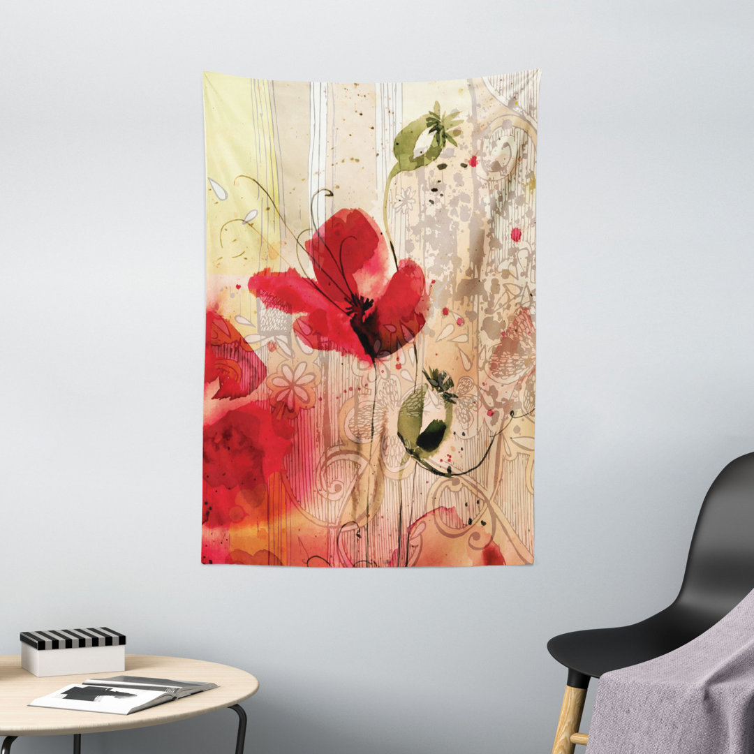 Wandbehang Rote Mohnblume Grungy Farbe Pinsel Effekt Beige Floral Design