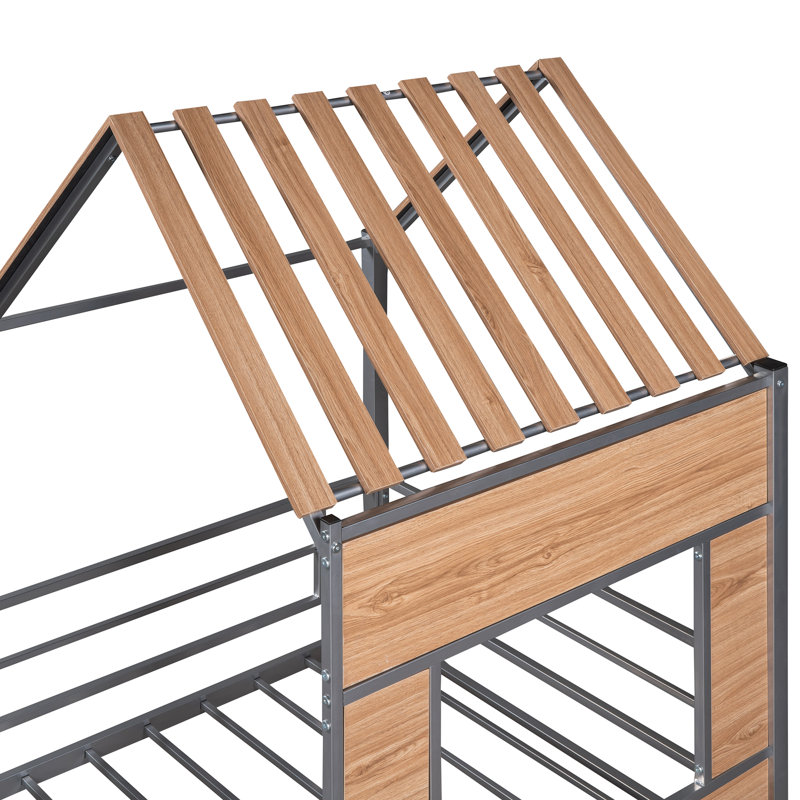Lit mezzanine simple en métal avec toit, fenêtre, garde-corps et échelle argenté
