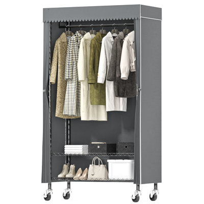 Clothing Rack with Cover Rolling Closets with Wheels Metal Garment Rack for Hanging Clothes, Clothing Storage Wardrobe  35.4" W x 17" D x 70.8" H, Black, Load 400 LBS